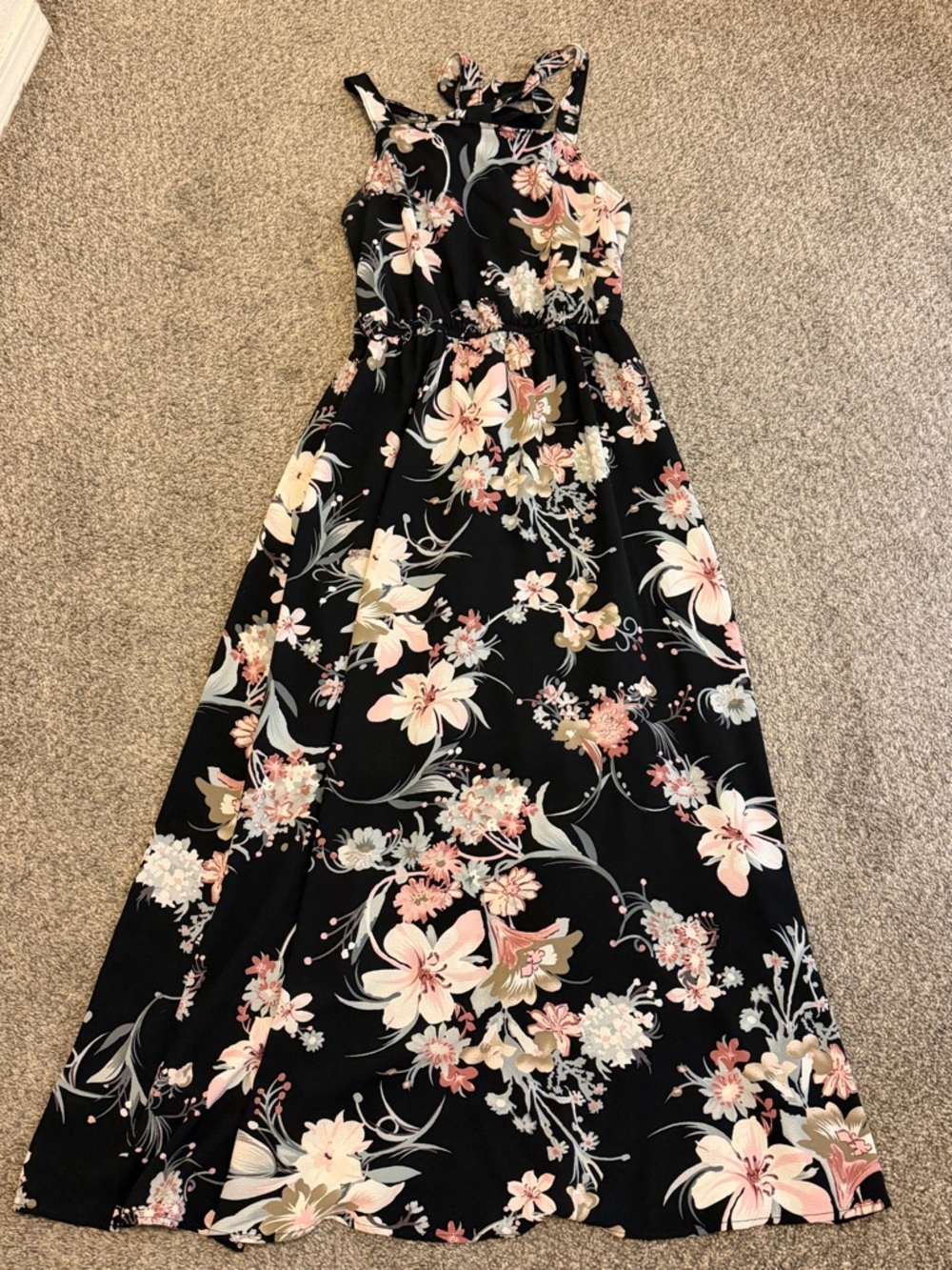 Black Floral Maxi Dress with Pink & Cream Blooms